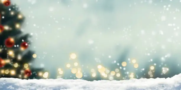winter background with blurred xmas tree and bokeh lights