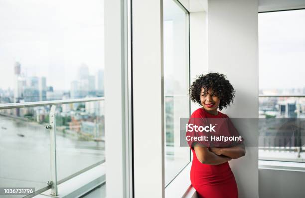 A Portrait Of Woman Standing By The Window Against London View Panorama Stock Photo - Download Image Now