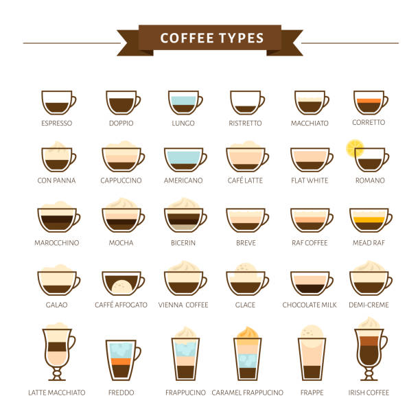 ilustrações de stock, clip art, desenhos animados e ícones de types of coffee vector illustration. infographic of coffee types and their preparation. coffee house menu. flat style. - malt white background alcohol drink