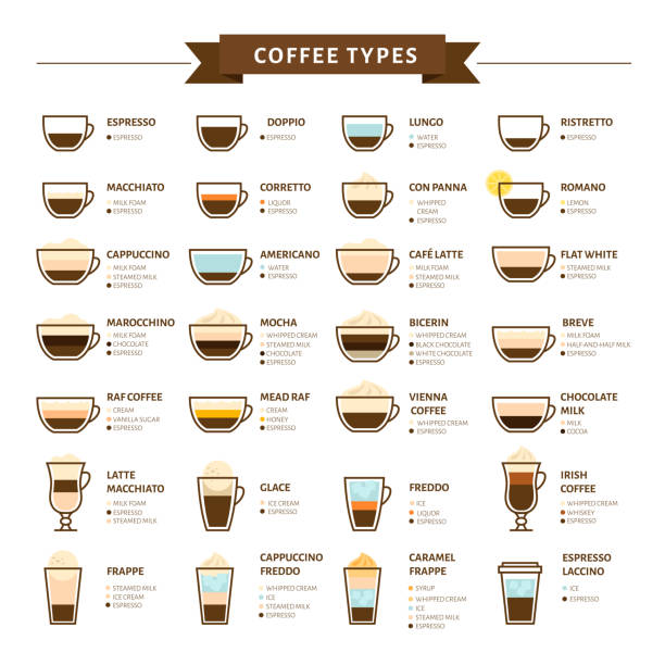 Types of coffee vector illustration. Infographic of coffee types and their preparation. Coffee house menu. Flat style. Types of coffee vector illustration. Infographic of coffee types and their preparation. Coffee house menu. Flat style. freddo cappuccino stock illustrations