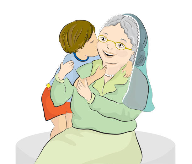 ilustraciones, imágenes clip art, dibujos animados e iconos de stock de abuela y su nieto - headscarf islam senior adult east