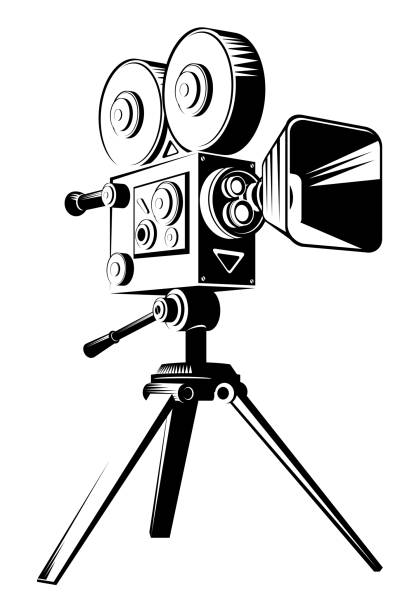 Black retro movie camera on a tripod Black retro movie camera on a tripod. Flat vector cartoon illustration isolated on a white background. vintage video camera stock illustrations