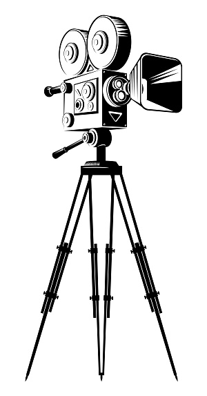 Black retro movie camera on a tripod. Flat vector cartoon illustration isolated on a white background.