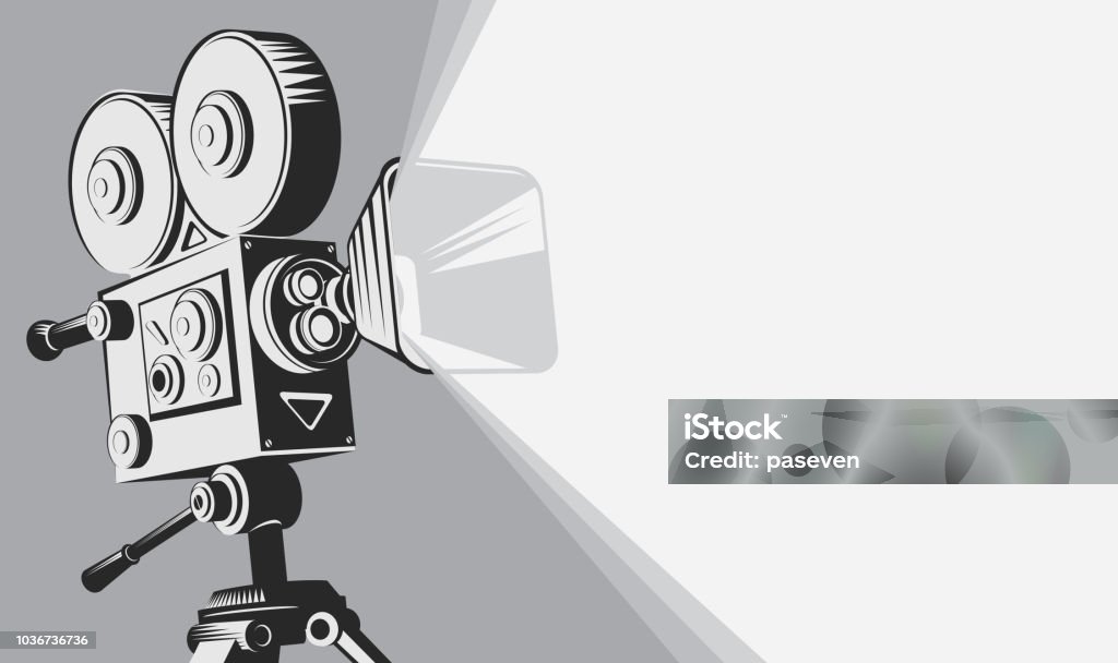 black and white backdrop with vintage movie camera Vector black and white background with lighting old fashioned movie camera on the tripod. Can used for banner, poster, web page, background Movie Camera stock vector