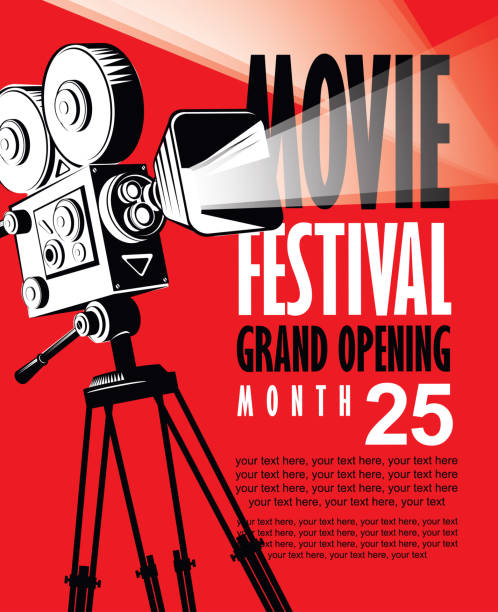 Vector movie festival poster with old movie camera Vector movie festival poster with retro movie camera. Cinema banner with words Grand opening and place for text on red background. Can be used for poster, flyer, billboard, web page, background hollywood california stock illustrations