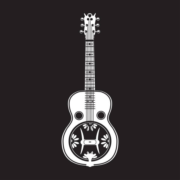 Vector illustration of white resonator guitar Vector illustration of resonator guitar. Resophonic guitar white template on black background. Bluegrass and country music. notes on guitar neck stock illustrations