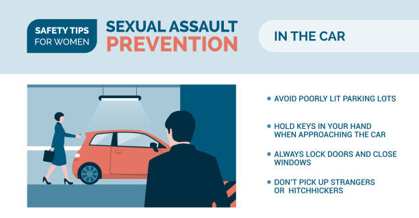Sexual assault prevention: how to be safe in a car Sexual assault prevention and self defense tips for women: how to be safe while driving woman driving car night stock illustrations