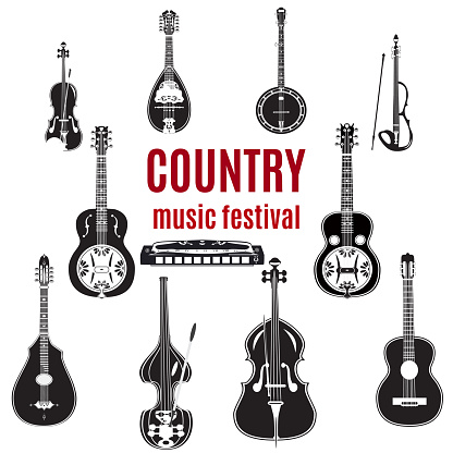 Vector set of country music instruments. Black and white design elements isolated on white background.