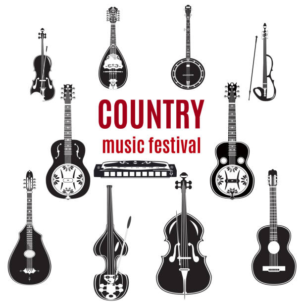 Vector set of country music instruments, black and white design Vector set of country music instruments. Black and white design elements isolated on white background. banjo stock illustrations