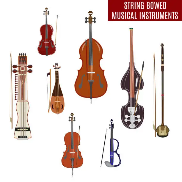 Vector illustration of Vector set of string bowed musical instruments