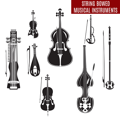 Vector set of black and white string bowed musical instruments