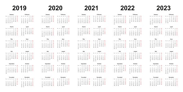 calendar 2019, 2020, 2021, 2022, 2023, black letters on white background, sundays marked red, years side by side