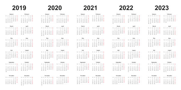 Calendar 2019, 2020, 2021, 2022, 2023, white background, simple design calendar 2019, 2020, 2021, 2022, 2023, black letters on white background, sundays marked red, years side by side 2020 stock illustrations