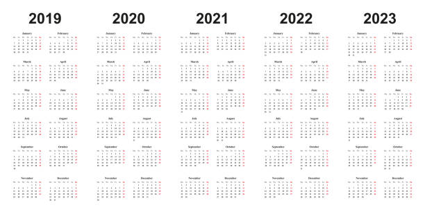 Calendar 2019, 2020, 2021, 2022, 2023, white background, simple design calendar 2019, 2020, 2021, 2022, 2023, black letters on white background, sundays marked red, years side by side 2019 stock illustrations