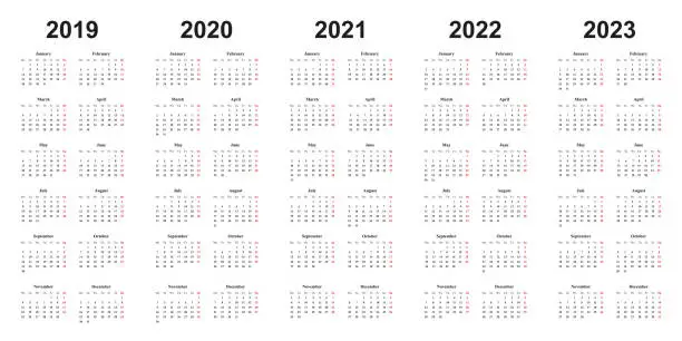 Vector illustration of Calendar 2019, 2020, 2021, 2022, 2023, white background, simple design