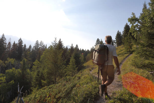 istock Man hiking at a crossroad in the path, mountains 1036773770