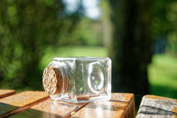 garrafa com moedas fica em um banco do parque, frasco transparente - transparent ideas lid glass - fotografias e filmes do acervo