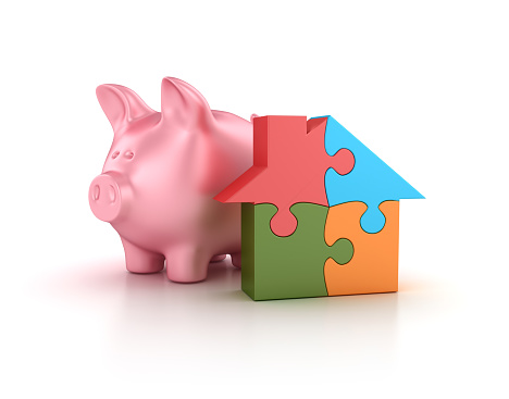 Piggy Bank with Puzzle House - White Background - 3D Rendering