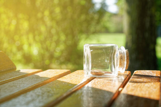 garrafa com moedas fica em um banco do parque, frasco transparente - transparent ideas lid glass - fotografias e filmes do acervo