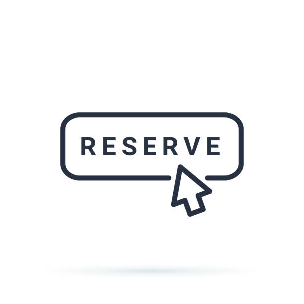 Thin line reserve button with black mouth hand. Flat outline trend modern logotype design isolated on white background. Thin line reserve button with black mouth hand. Flat outline trend modern logotype design isolated on white background. Concept of pre order booking luxury hotel or reserved room in hostel or motel book bookstore sale shopping stock illustrations