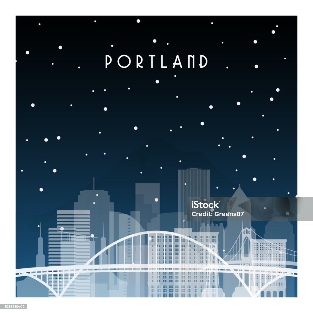 Winter night in Portland. Night city in flat style for banner, poster, illustration, background. Portland - Oregon stock vector