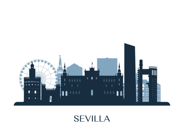 세비야 스카이 라인, 흑백 실루엣 벡터 일러스트입니다. - seville sevilla house spain stock illustrations