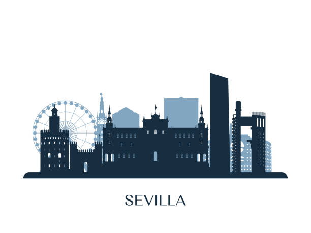 Sevilla skyline, monochrome silhouette. Vector illustration. Sevilla skyline, monochrome silhouette. Vector illustration. sevilla province stock illustrations