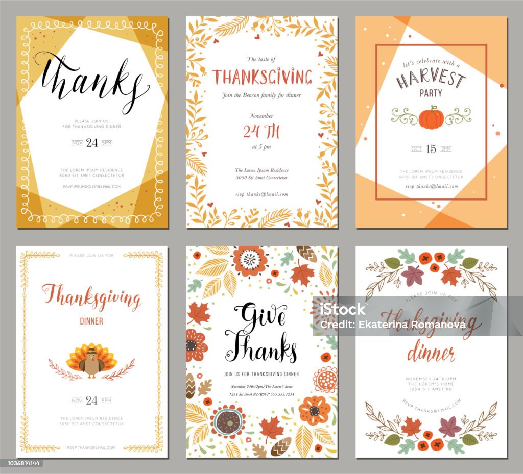 Thanksgiving Cards 01 Thanksgiving greeting cards and invitations. Vector illustration. Thanksgiving - Holiday stock vector