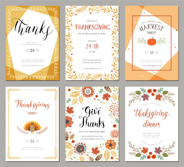 Thanksgiving Cards 01 Thanksgiving greeting cards and invitations. Vector illustration. thanksgiving dinner stock illustrations