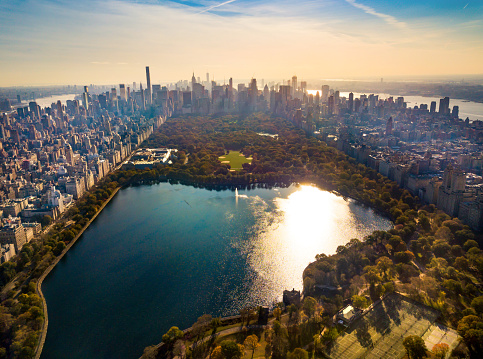 Manhattan island and Central park complete aerial view, New York landmark view
