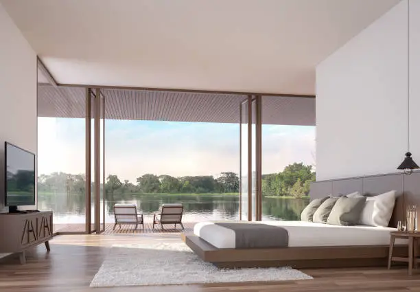 Photo of Lake view bedroom 3d render