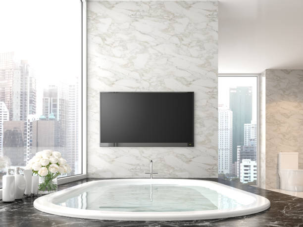 Luxury bathroom with city view 3d render