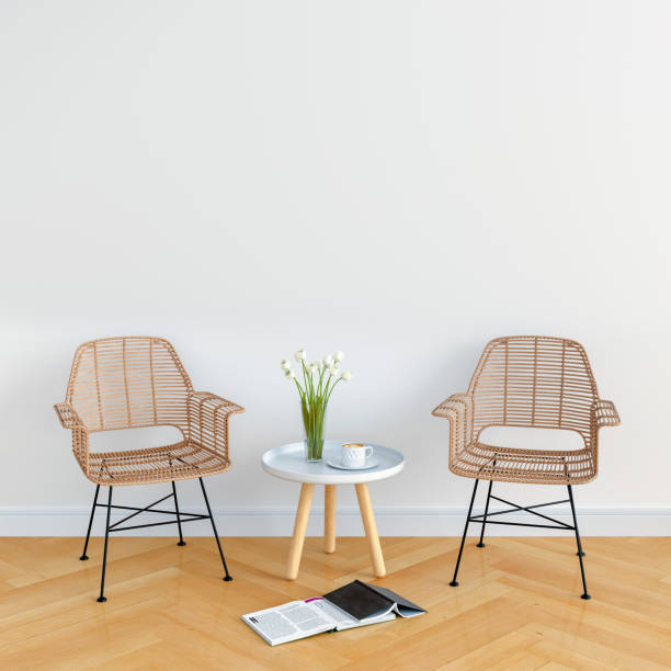 istock Two wood chair in white room, 3D rendering 1036836310