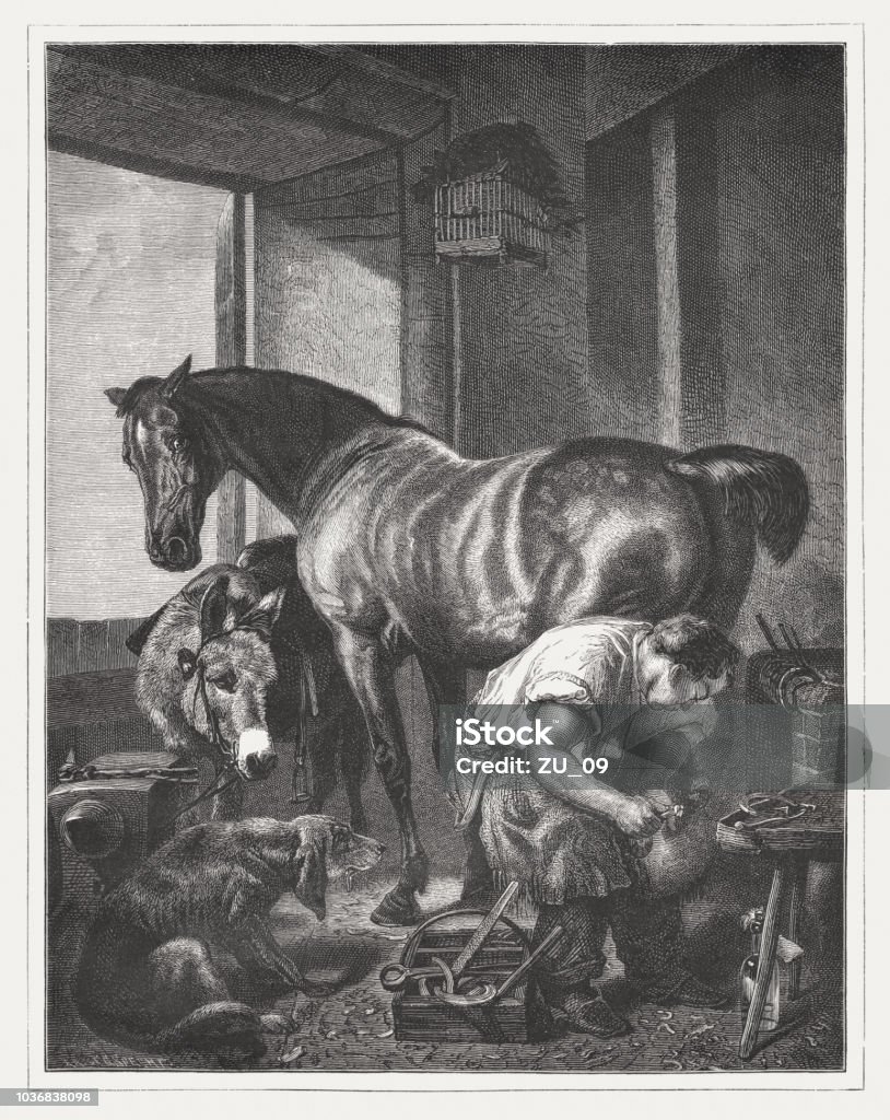 The shoeing forge, wood engraving, published in 1876 The shoeing forge. Wood engraving after a painting by Sir Edwin Landseer (English painter, 1802 - 1873), published in 1876. Farrier stock illustration