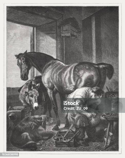 The Shoeing Forge Wood Engraving Published In 1876 Stock Illustration - Download Image Now