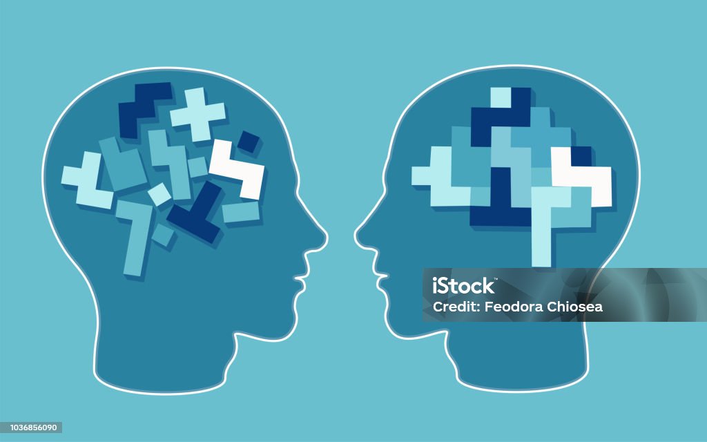 Vector concept of a puzzle head brain neurology and psychology. Vector concept of a puzzle head brain neurology and psychology. Rational and irrational thinking in the form of colourful arranged and disarranged shapes inside human head. Learning stock vector