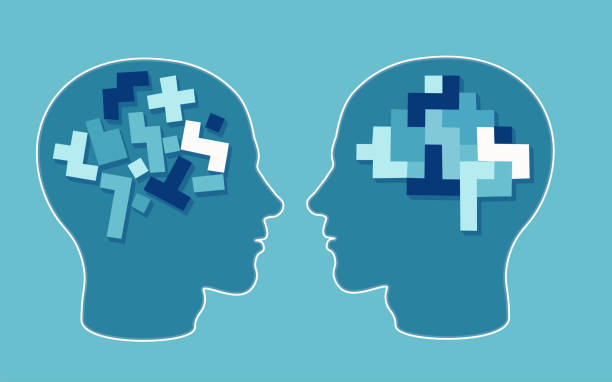 Vector concept of a puzzle head brain neurology and psychology. Vector concept of a puzzle head brain neurology and psychology. Rational and irrational thinking in the form of colourful arranged and disarranged shapes inside human head. two people thinking stock illustrations