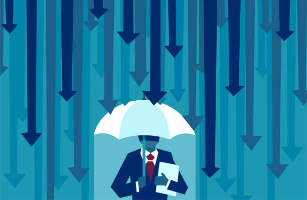 ilustraciones, imágenes clip art, dibujos animados e iconos de stock de vector de un empresario con paraguas resistentes protegiéndose de las flechas caen - unemployment rate