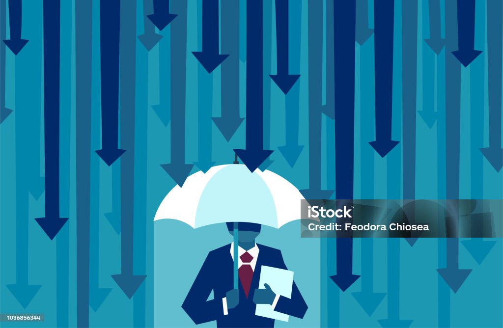 Vector of a businessman with umbrella resisting protecting himself from falling arrows Risk averse. Vector of a businessman with umbrella resisting protecting himself from falling arrows as a symbol of unfavorable business environment Protection stock vector