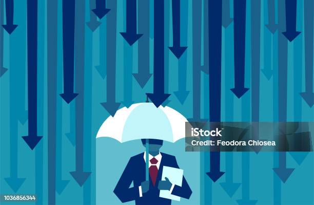 Vector Of A Businessman With Umbrella Resisting Protecting Himself From Falling Arrows Stock Illustration - Download Image Now