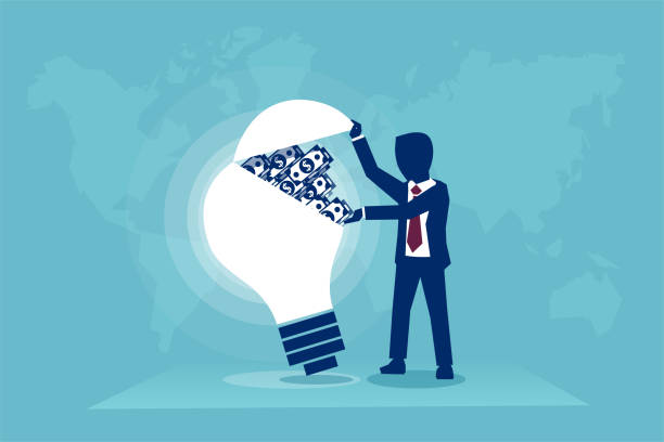 istock Vector of a businessman opening a lightbulb full of money 1036856394