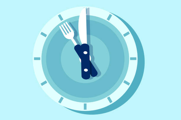 istock Vector of the clock face in the form of plate with knife and fork arms. 1036856510
