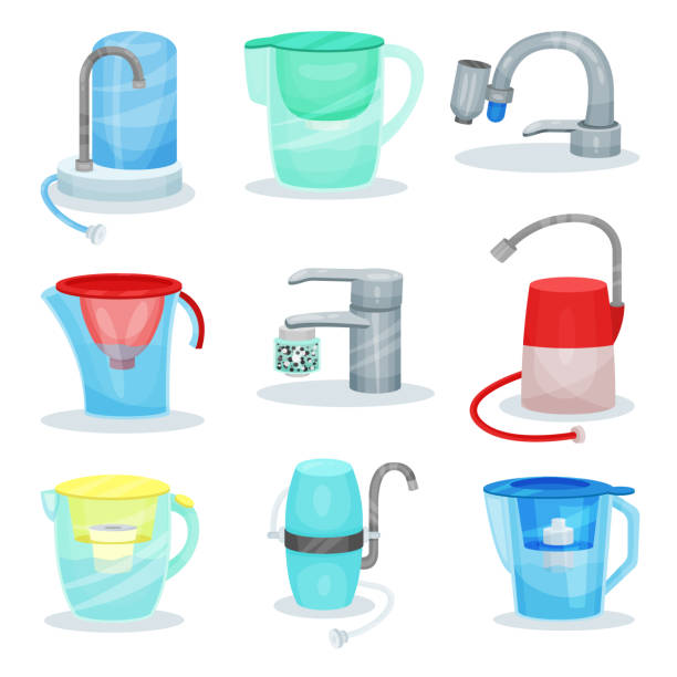 Flat vector set of different water filters. Metal kitchen faucets with purifiers. Glass jugs with filter cartridges Set of different water filters. Metal kitchen faucets with purifiers. Glass jugs with filter cartridges. Modern filtration devices. Flat vector elements for promo poster or banner of household store. water filter stock illustrations