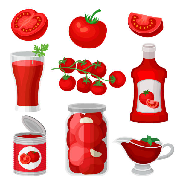 ilustrações de stock, clip art, desenhos animados e ícones de flat vector set of tomato food and drinks. healthy juice, ketchup and sauce, canned products. natural and tasty products - basil tomato soup food and drink
