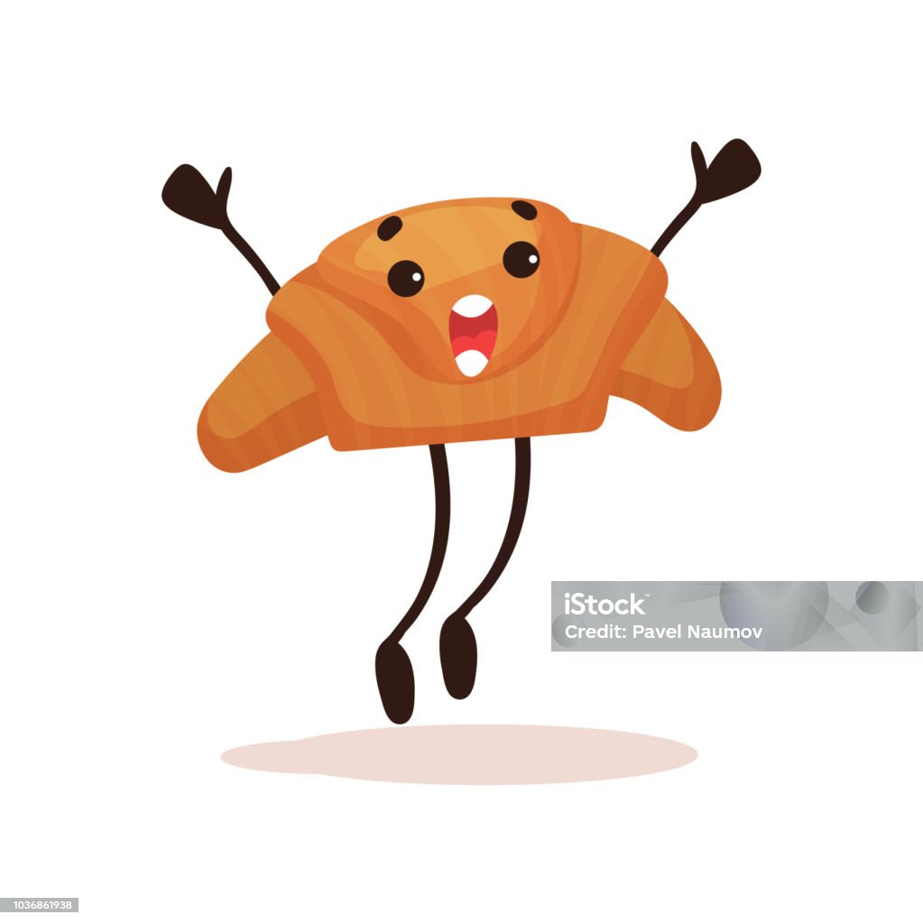 Cute Croissant With Funny Face Jumping With Arms Raised Humanized Dessert  Cartoon Character Vector Illustration On A White Background Stock  Illustration - Download Image Now - iStock