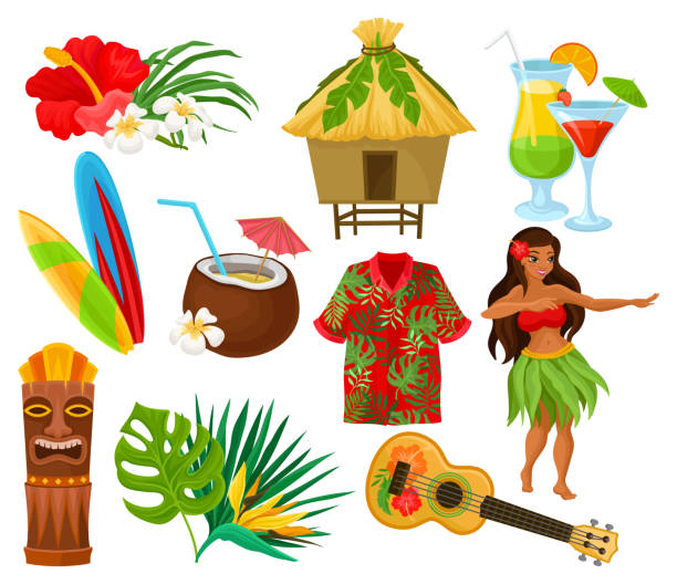 illustrazioni stock, clip art, cartoni animati e icone di tendenza di simboli tradizionali del set di cultura hawaiana, fiore di ibisco, bungalow, tavola da surf, maschera tribale tiki, ukulele, cocktail esotici vettoriale illustrazioni su sfondo bianco - capanna