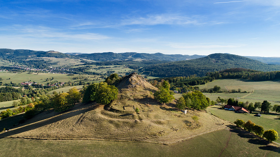 Panoramic aerial view over Rhoen mountains - central german uplands, Germany. Shot with Phantom 4 Pro