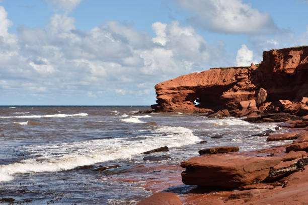 Rugged panoramic scenes of the red cliffs and beaches of Cavendish, Prince Edward Island, Canada Rugged panoramic scenes of the red cliffs and beaches of Cavendish, Prince Edward Island, Canada. This land is rural and largely untouched.  The National Park protects the sand dunes and other natural features of this beautiful ecosystem. cavendish beach stock pictures, royalty-free photos & images