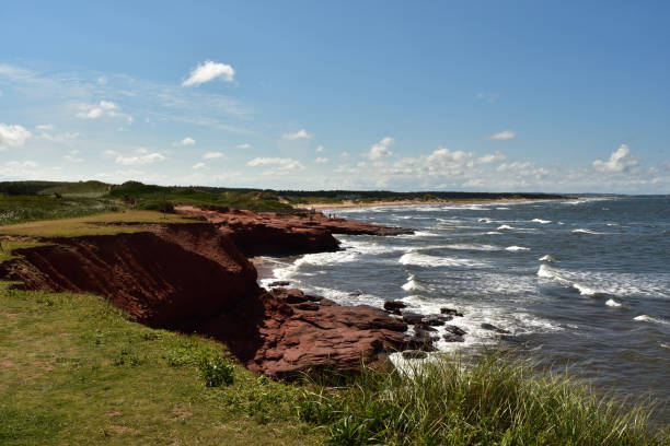 Rugged panoramic scenes of the red cliffs and beaches of Cavendish, Prince Edward Island, Canada Rugged panoramic scenes of the red cliffs and beaches of Cavendish, Prince Edward Island, Canada. This land is rural and largely untouched.  The National Park protects the sand dunes and other natural features of this beautiful ecosystem. cavendish beach stock pictures, royalty-free photos & images