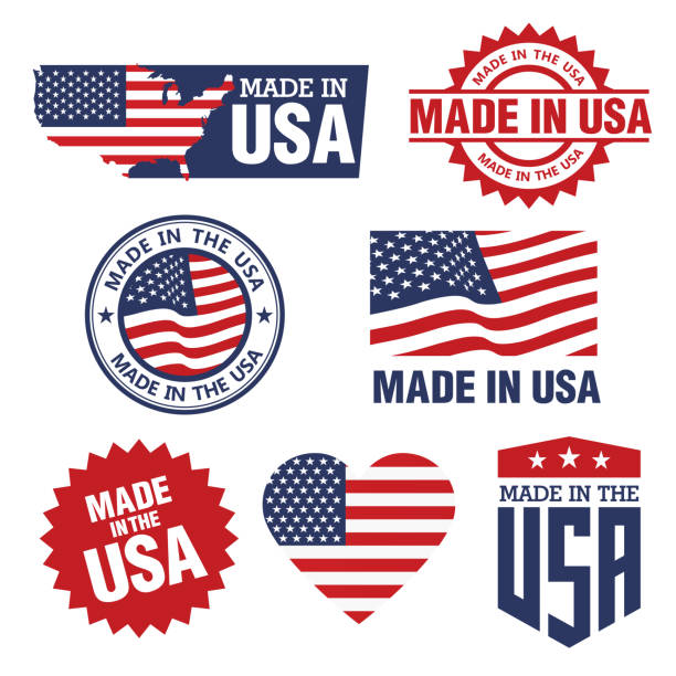 illustrazioni stock, clip art, cartoni animati e icone di tendenza di set vettoriale di etichette made in usa - made in the usa sign retro revival label